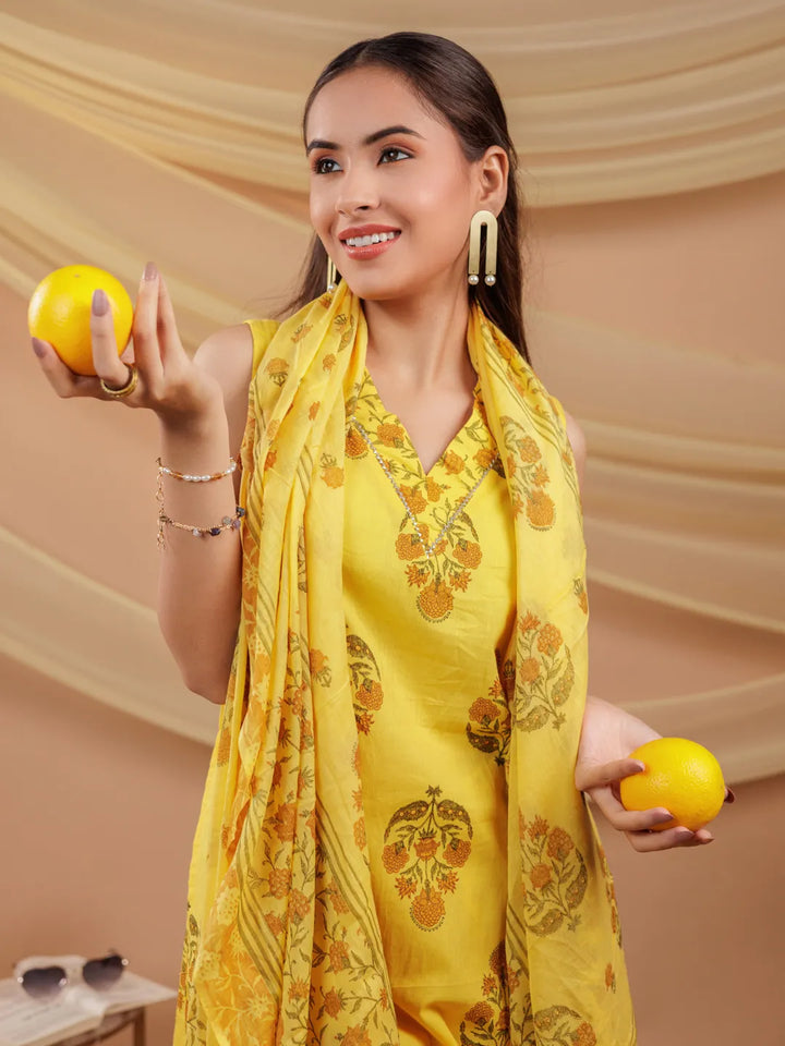 Mustard Floral_Print Pure Cotton A-Line Kurta Dupatta Set-Yufta Store-7065SKDMSS