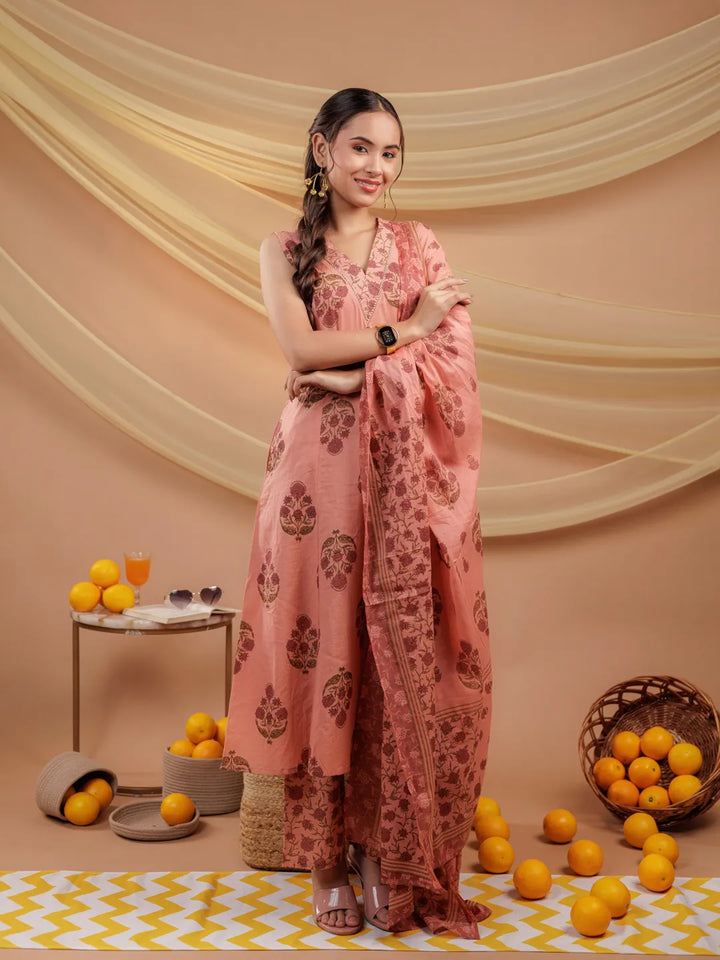 Peach Floral_Print Pure Cotton A-Line Kurta Dupatta Set-Yufta Store-7065SKDPCS