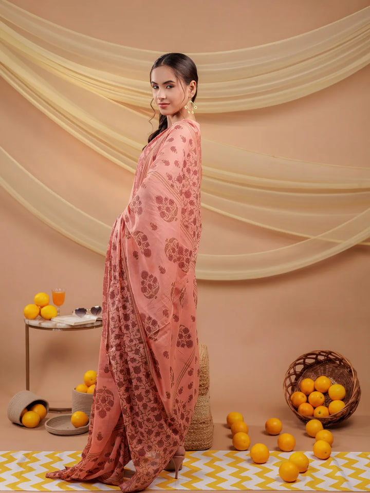 Peach Floral_Print Pure Cotton A-Line Kurta Dupatta Set-Yufta Store-7065SKDPCS