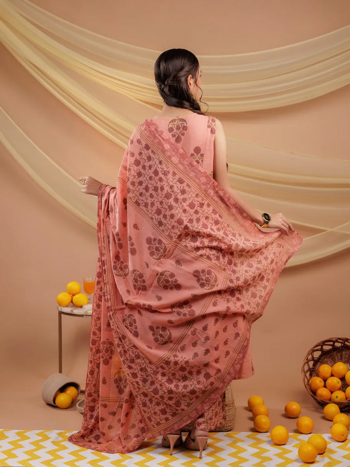 Peach Floral_Print Pure Cotton A-Line Kurta Dupatta Set-Yufta Store-7065SKDPCS