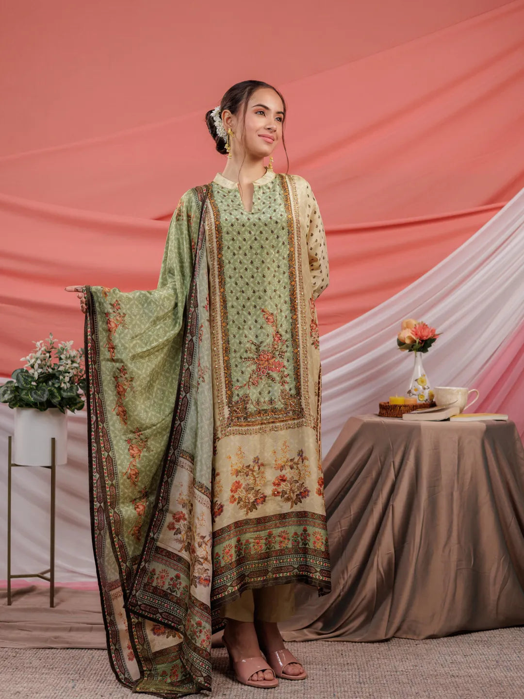 Green And Cream Pure Shimmer Tissue With Pure Viscose Trouser And Shimmer Dupatta-Yufta Store-7075SKDGRS