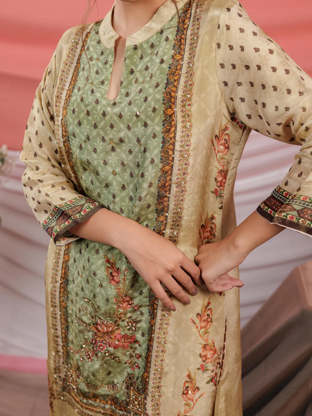 Green And Cream Pure Shimmer Tissue With Pure Viscose Trouser And Shimmer Dupatta-Yufta Store-7075SKDGRS