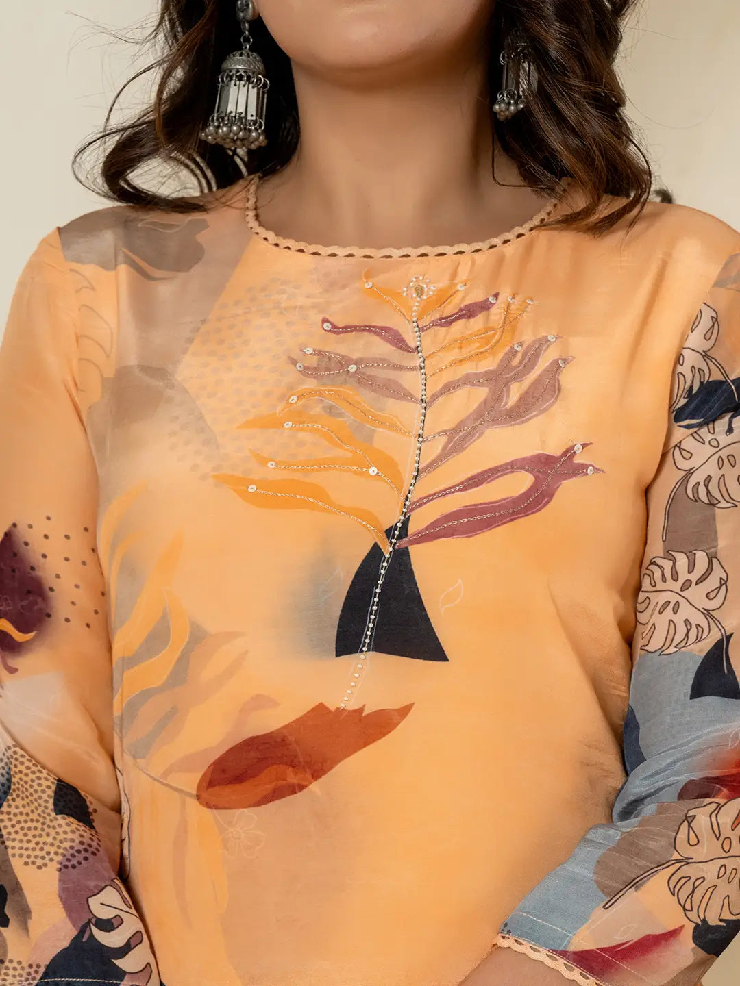 Orange Pure Crepe Placement Print Kurta Dupatta Set-Yufta Store-7078SKDORS