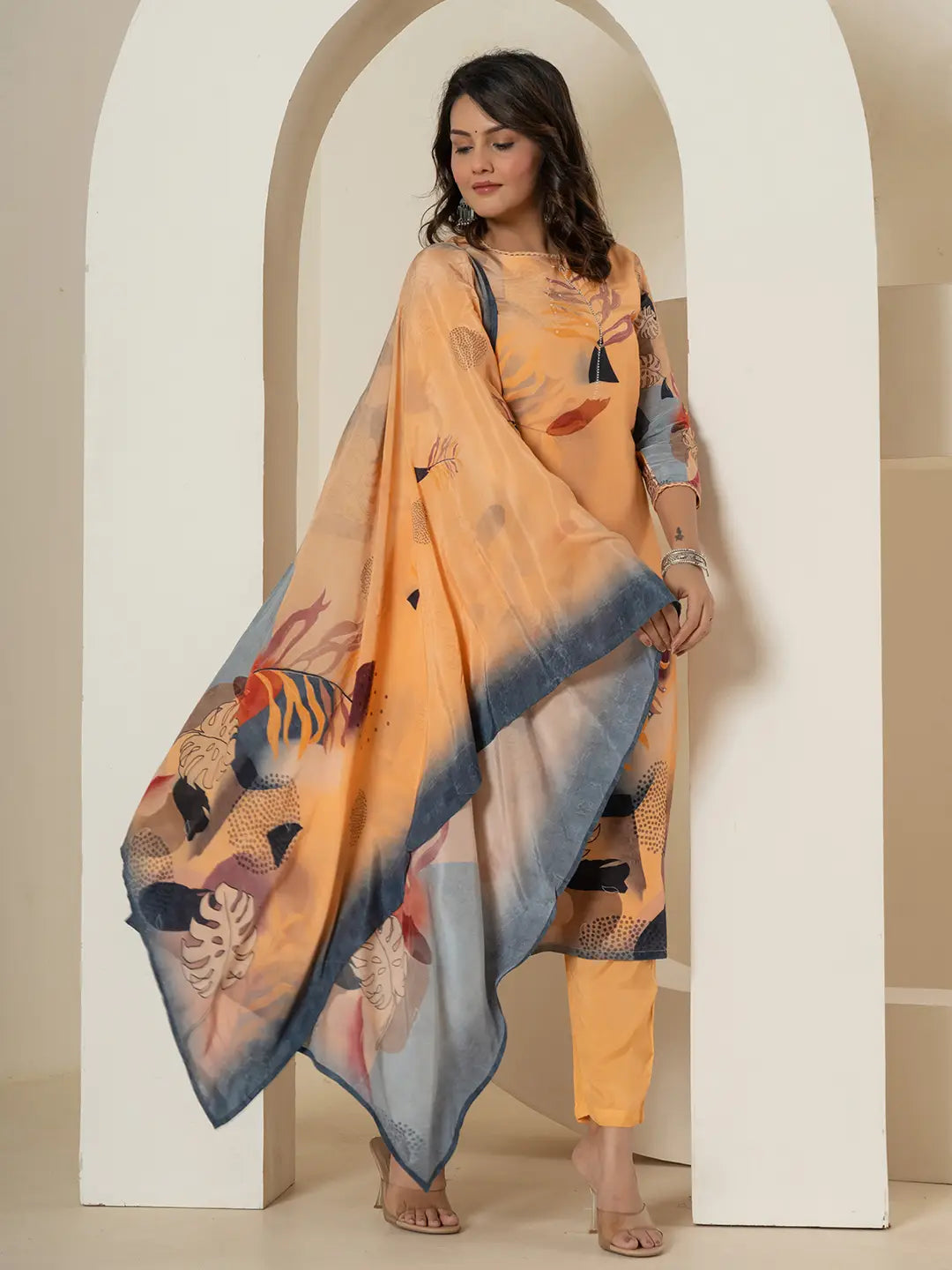 Orange Pure Crepe Placement Print Kurta Dupatta Set-Yufta Store-7078SKDORS