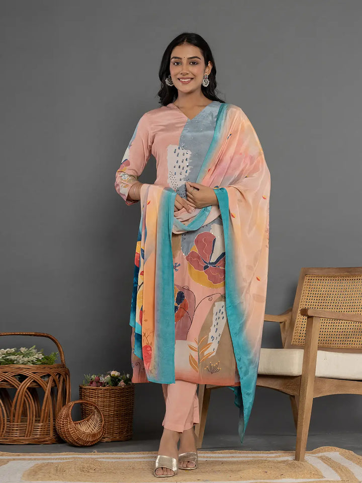 Multi Pure Crepe Placement Print Kurta Dupatta Set-Yufta Store-7079SKDMTS