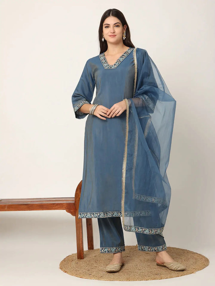 Blue Roman Silk Zari-Work On Yoke Straight Kurta Dupatta Set