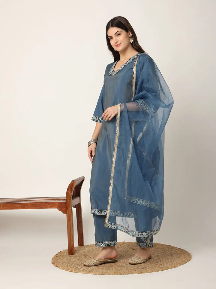 Blue Roman Silk Zari-Work On Yoke Straight Kurta Dupatta Set