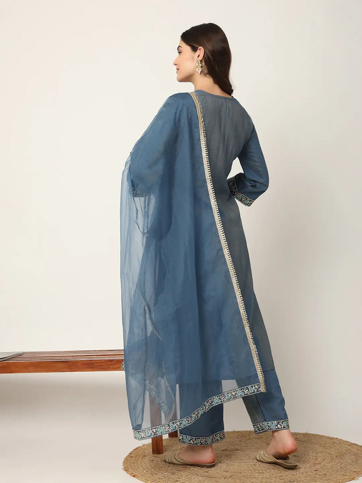 Blue Roman Silk Zari-Work On Yoke Straight Kurta Dupatta Set