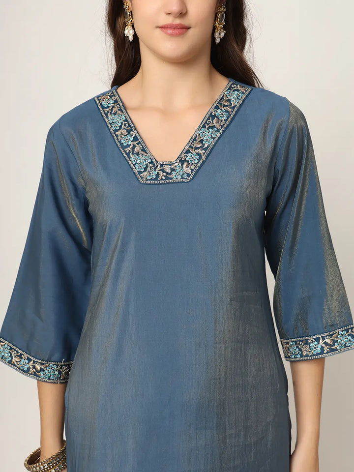 Blue Roman Silk Zari-Work On Yoke Straight Kurta Dupatta Set