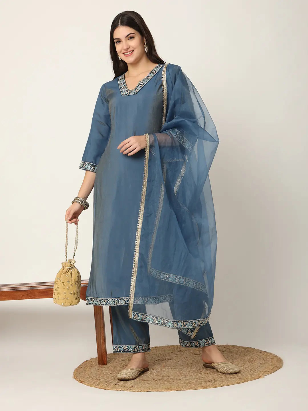 Blue Roman Silk Zari-Work On Yoke Straight Kurta Dupatta Set