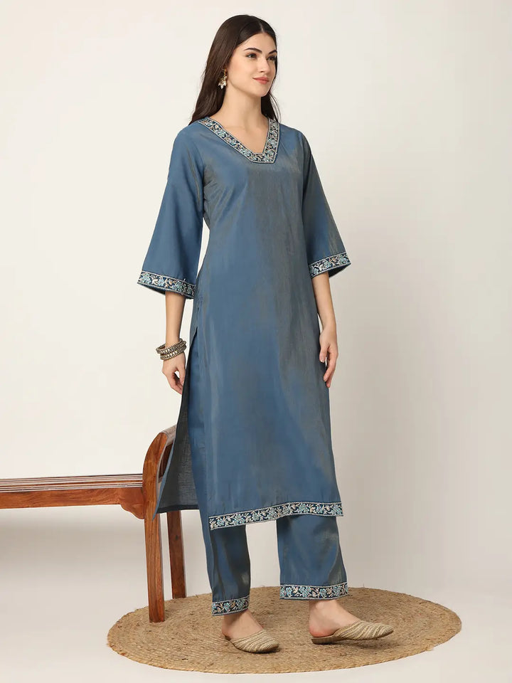 Blue Roman Silk Zari-Work On Yoke Straight Kurta Dupatta Set