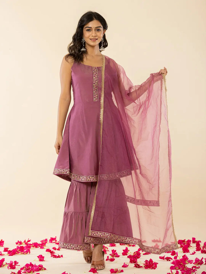 Purple Shoulder Straps Neck Sleeveless Regular Thread Work Kurta With Sharara With Dupatta Set