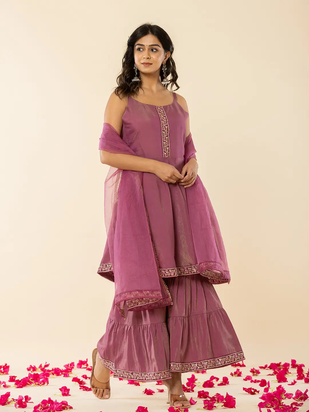 Purple Shoulder Straps Neck Sleeveless Regular Thread Work Kurta With Sharara With Dupatta Set