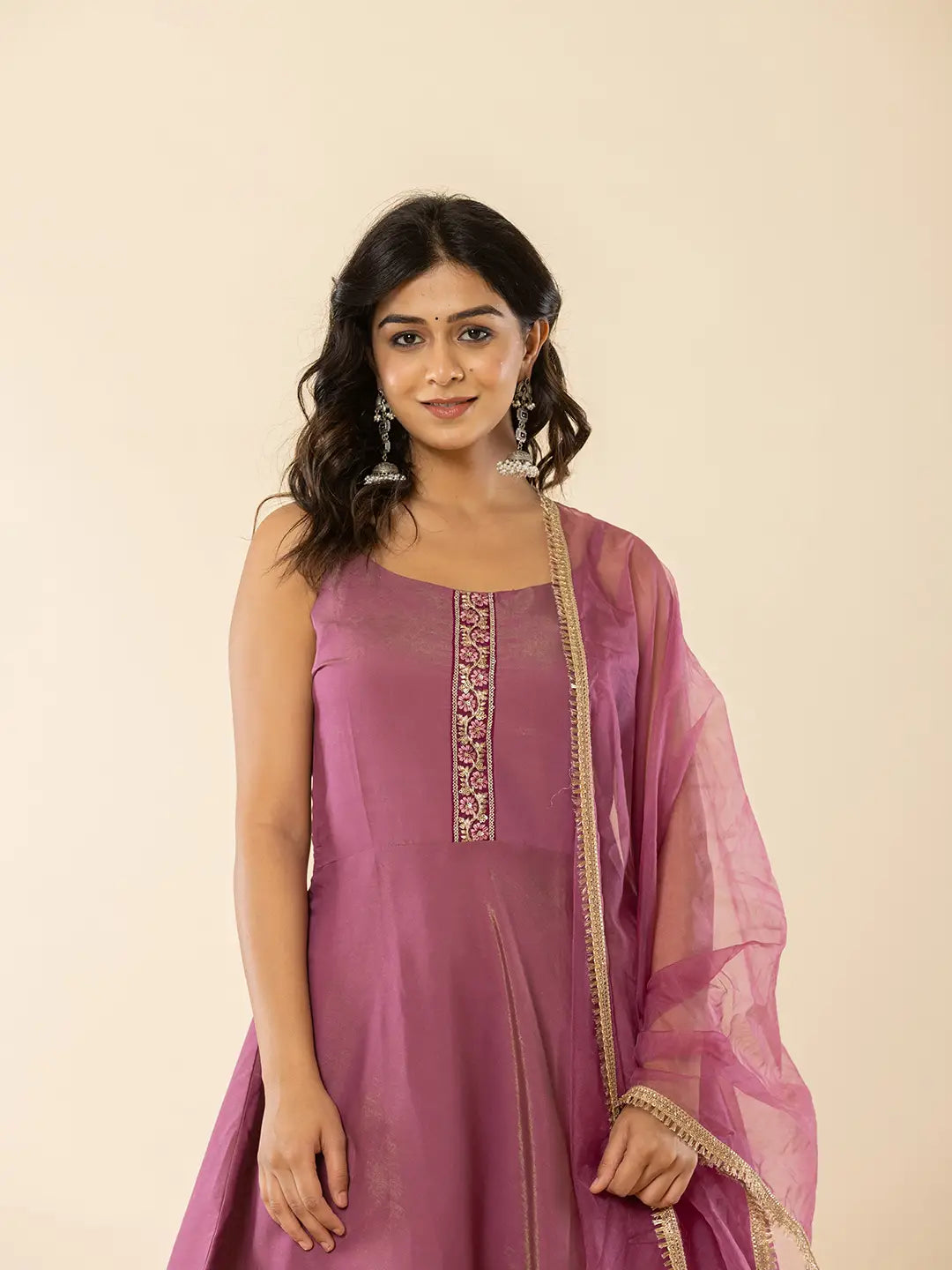 Purple Shoulder Straps Neck Sleeveless Regular Thread Work Kurta With Sharara With Dupatta Set