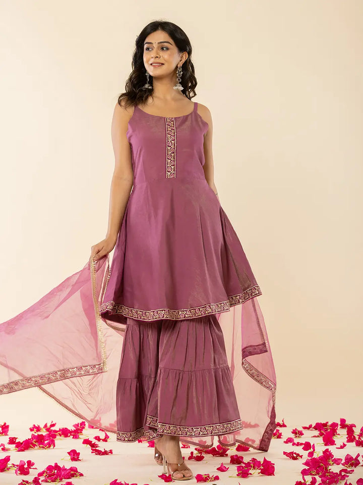 Purple Shoulder Straps Neck Sleeveless Regular Thread Work Kurta With Sharara With Dupatta Set