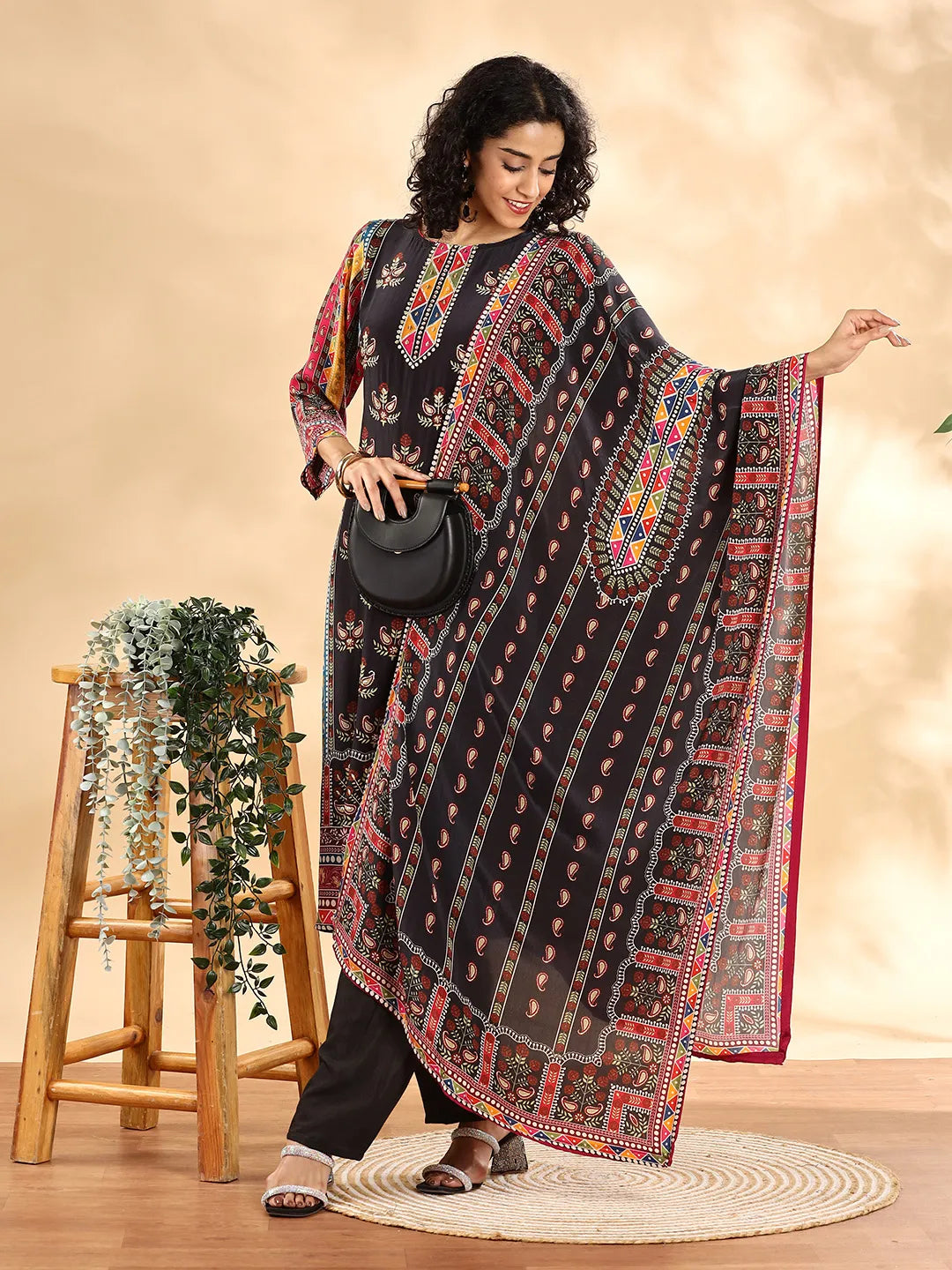 Black Silk Crepe Cutdana_Work Straight Kurta Dupatta Pant Set