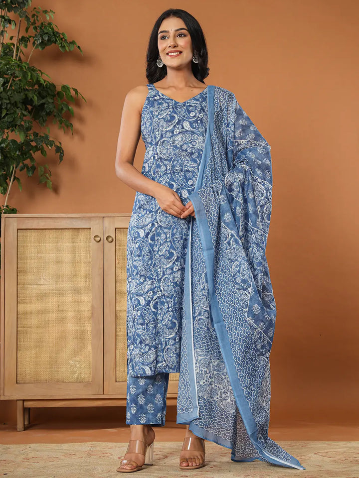 Blue Cotton Strappy Kurta Dupatta Set-Yufta Store-7139SKDBLS