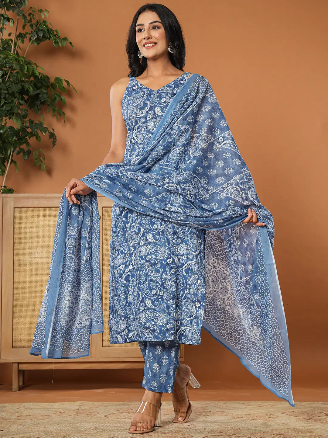 Blue Cotton Strappy Kurta Dupatta Set-Yufta Store-7139SKDBLS