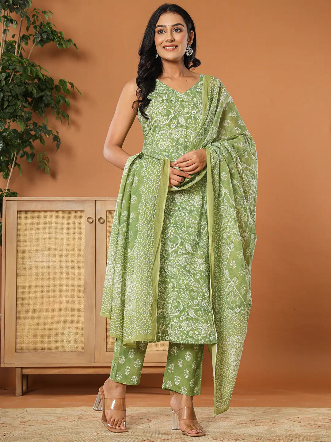 Green Cotton Strappy Kurta Dupatta Set-Yufta Store-7139SKDGRS