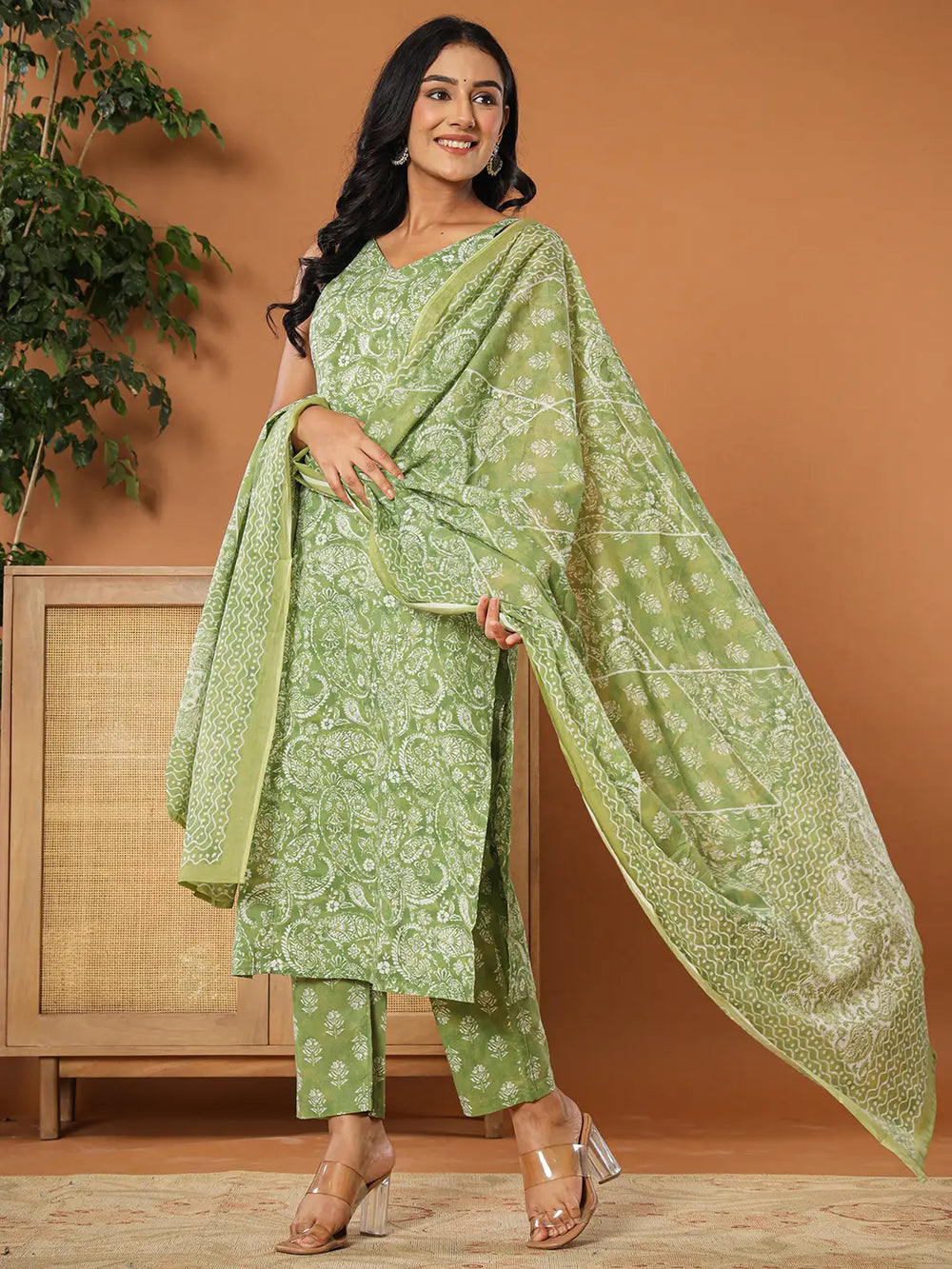 Green Cotton Strappy Kurta Dupatta Set-Yufta Store-7139SKDGRS