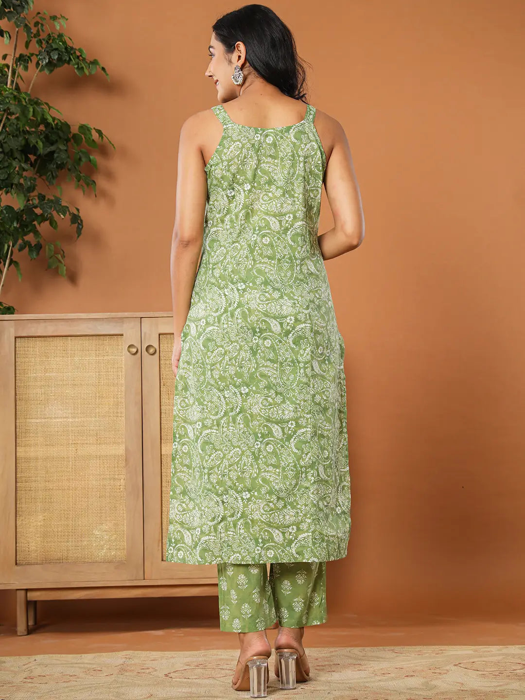 Green Cotton Strappy Kurta Dupatta Set-Yufta Store-7139SKDGRS