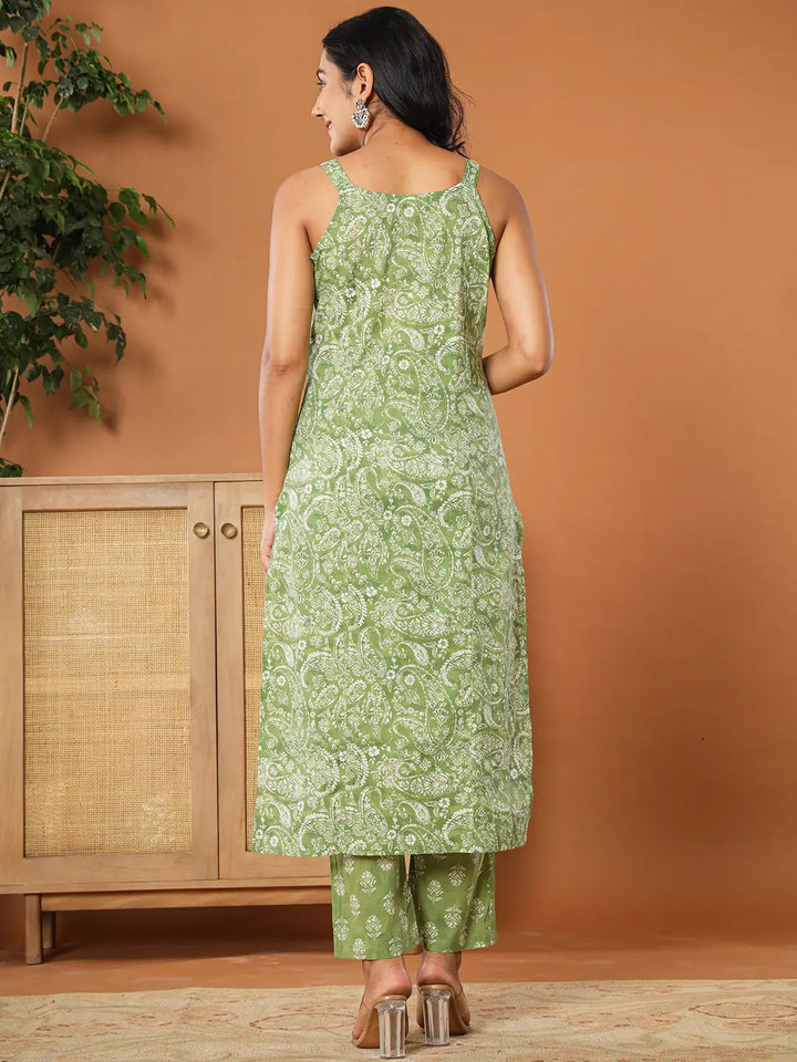 Green Cotton Strappy Kurta Dupatta Set-Yufta Store-7139SKDGRS