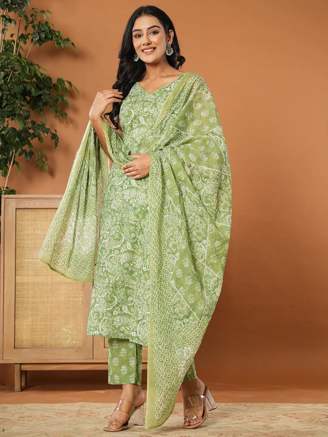 Green Cotton Strappy Kurta Dupatta Set-Yufta Store-7139SKDGRS