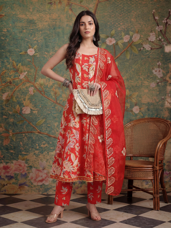 Red Floral Print Anarkali Style Kurta Trouser And Dupatta Set