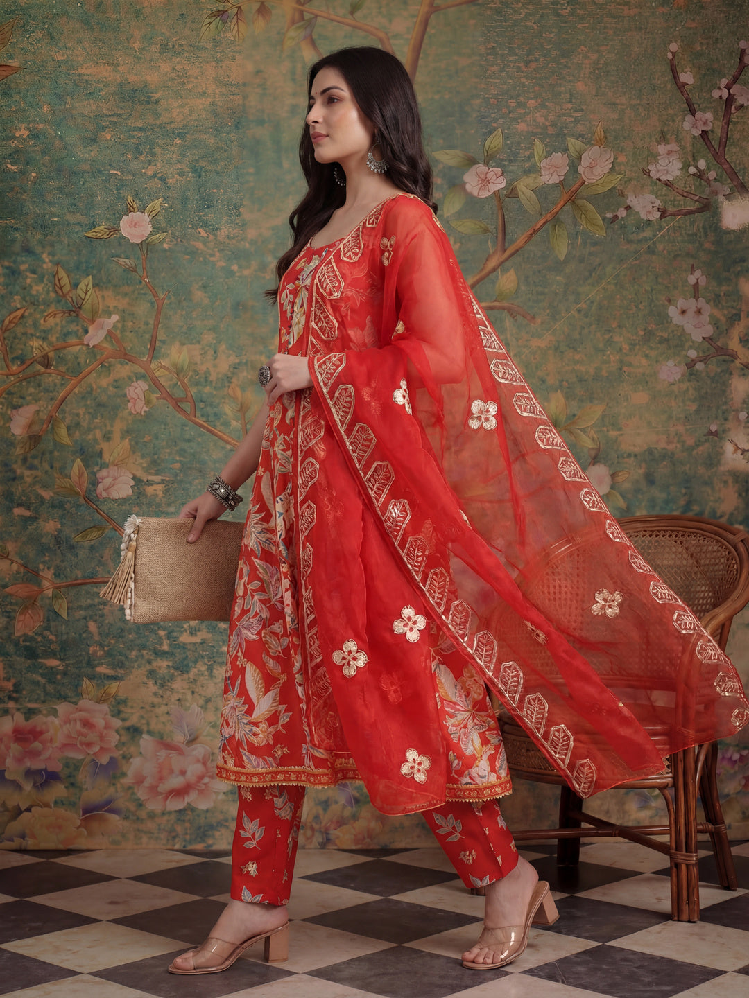 Red Floral Print Anarkali Style Kurta Trouser And Dupatta Set