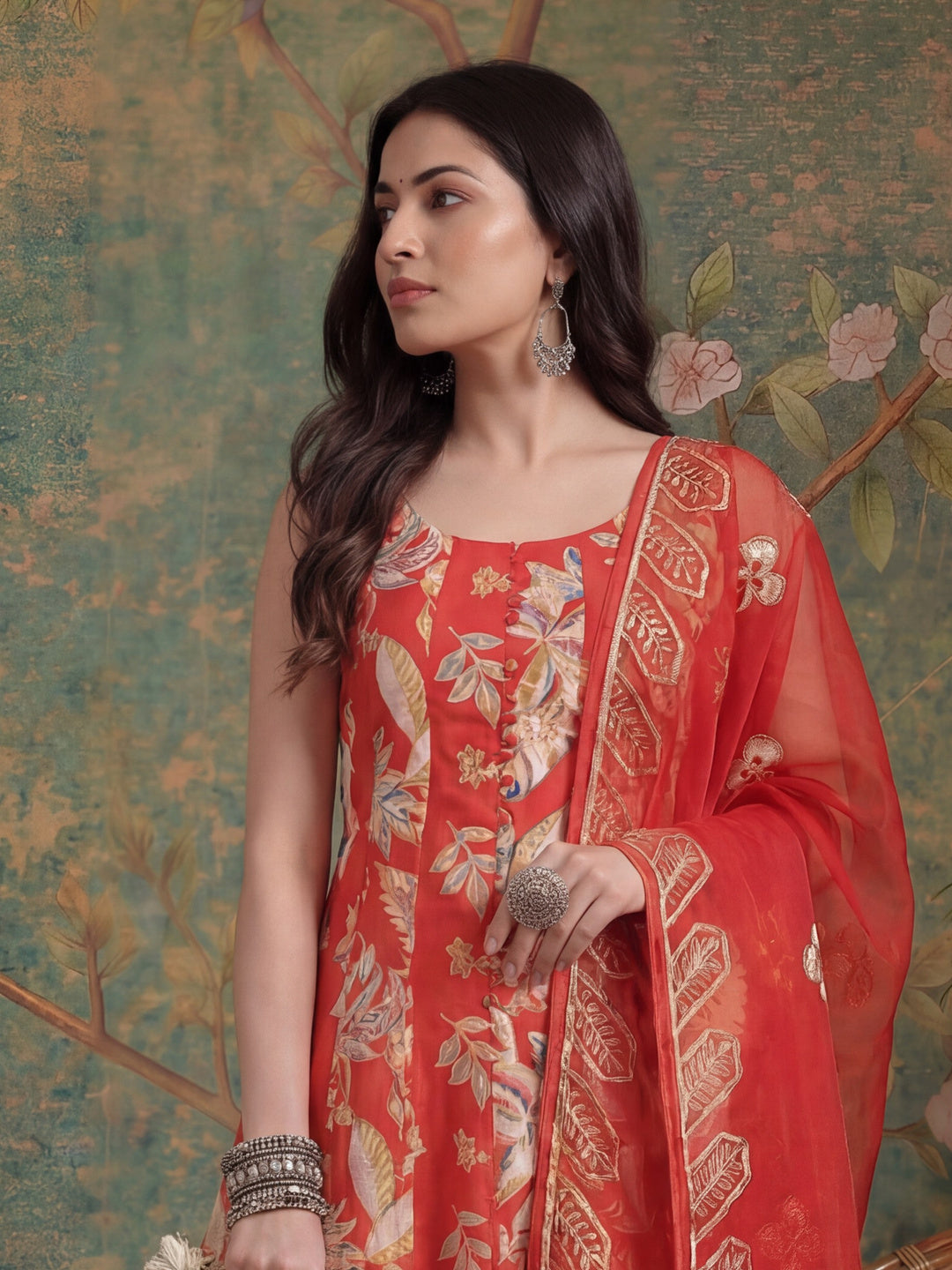 Red Floral Print Anarkali Style Kurta Trouser And Dupatta Set
