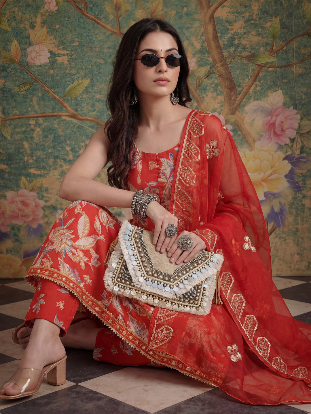 Red Floral Print Anarkali Style Kurta Trouser And Dupatta Set