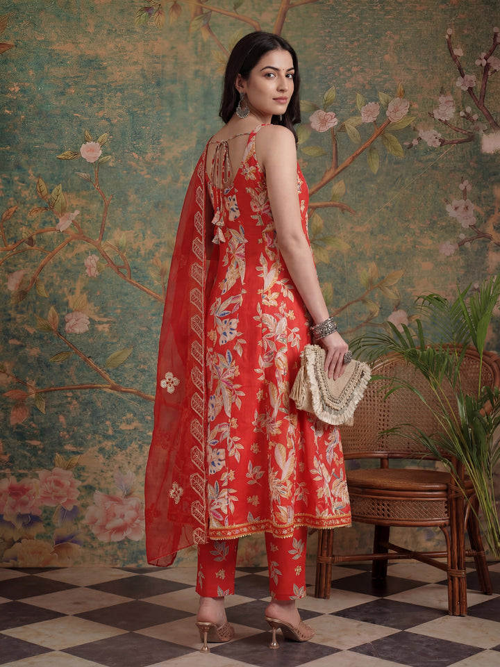 Red Floral Print Anarkali Style Kurta Trouser And Dupatta Set