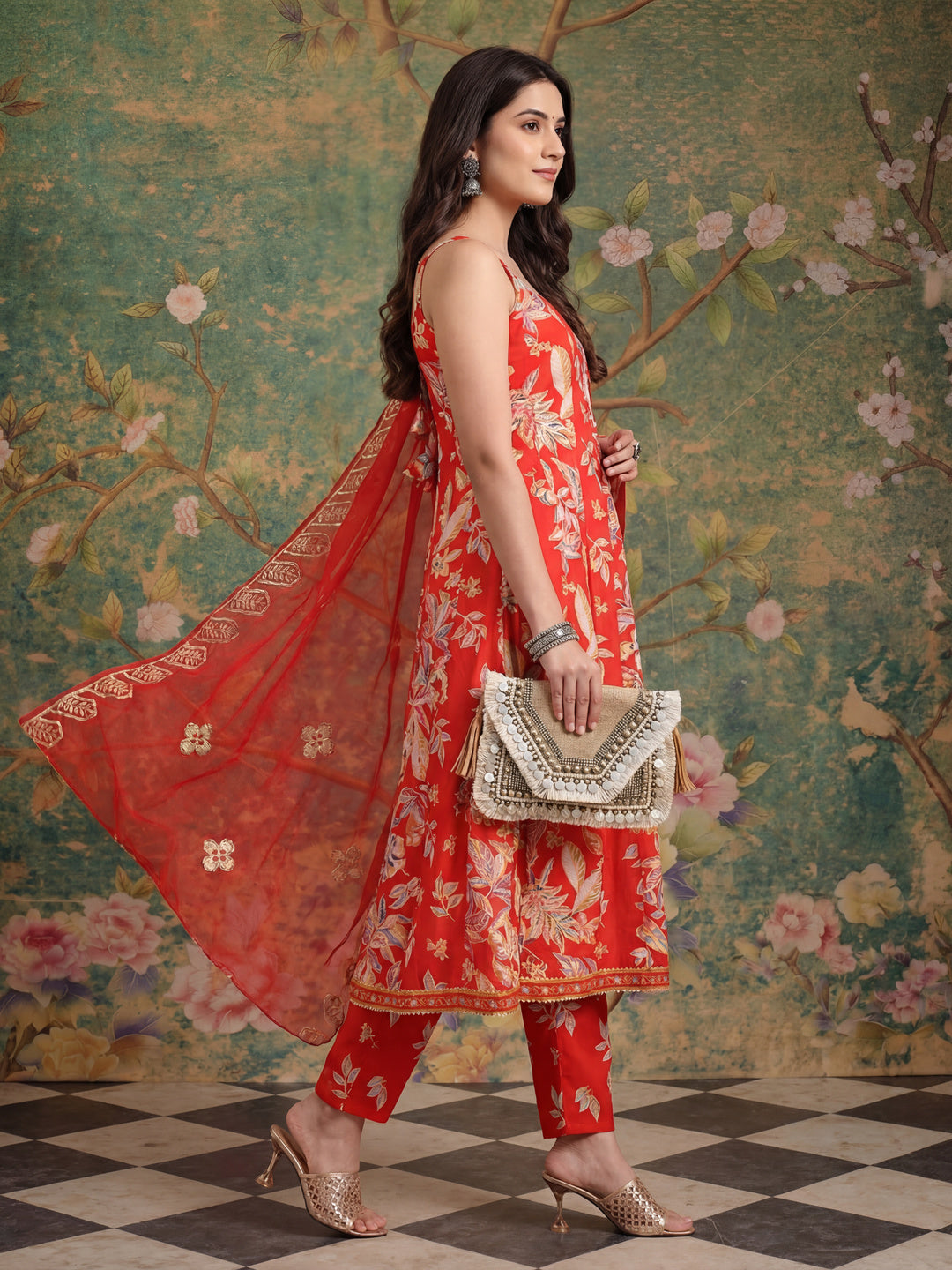 Red Floral Print Anarkali Style Kurta Trouser And Dupatta Set