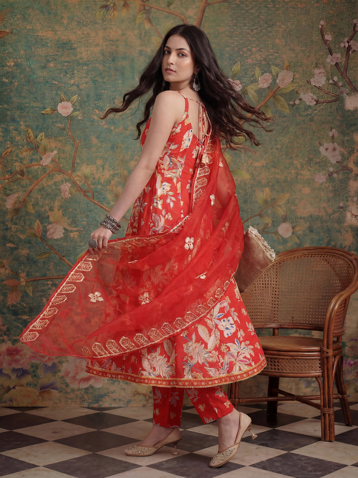 Red Floral Print Anarkali Style Kurta Trouser And Dupatta Set