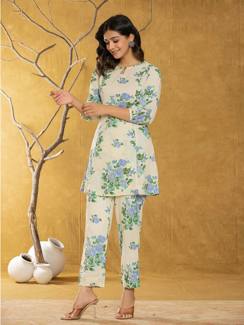 Cotton Blue Floral Print Co-Ord Set-Yufta Store-7154CRDBLS