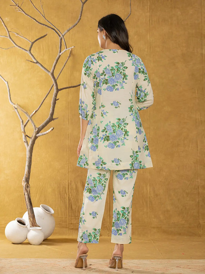 Cotton Blue Floral Print Co-Ord Set-Yufta Store-7154CRDBLS