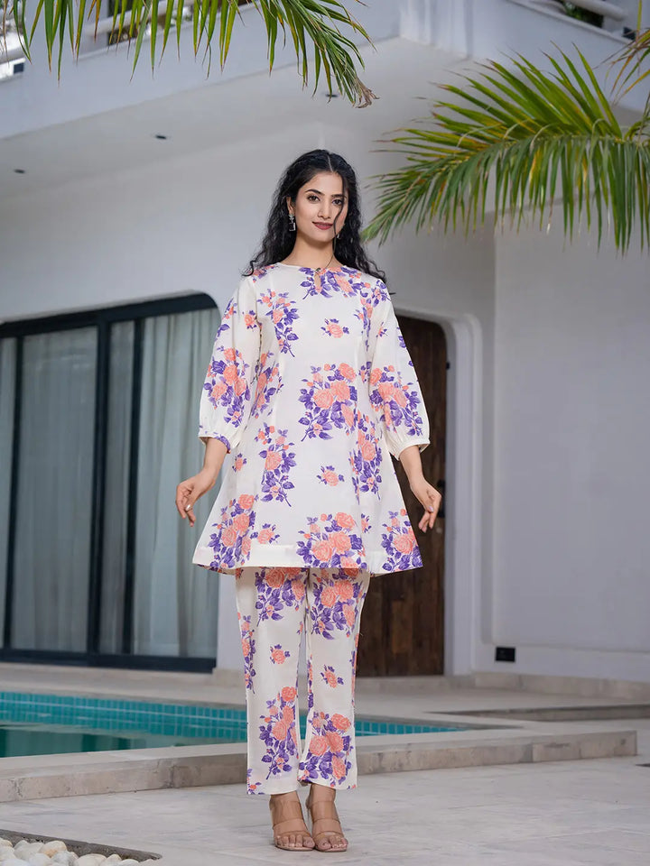 Peach Floral Print Top And Trouser Co Ord Set-Yufta Store-7154CRDPCS