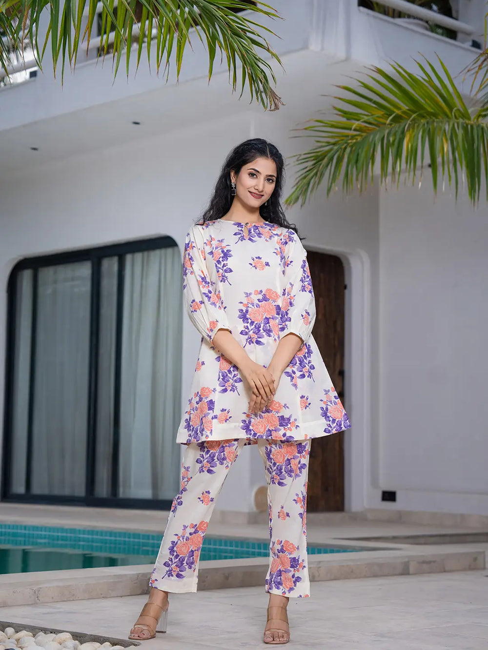 Peach Floral Print Top And Trouser Co Ord Set-Yufta Store-7154CRDPCS