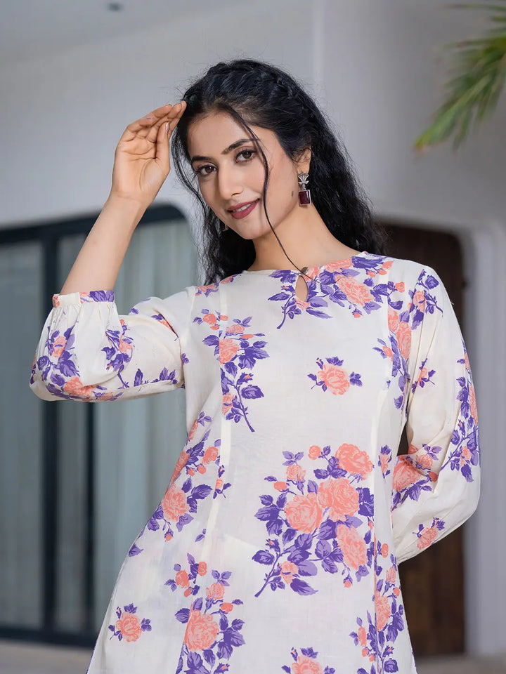 Peach Floral Print Top And Trouser Co Ord Set-Yufta Store-7154CRDPCS