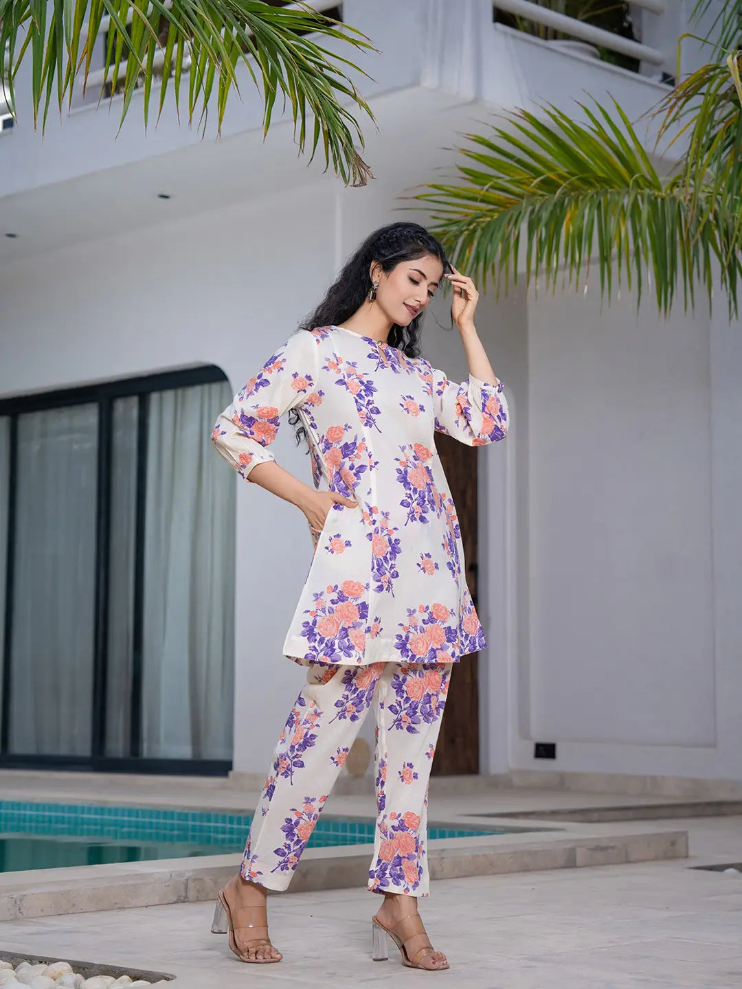 Peach Floral Print Top And Trouser Co Ord Set-Yufta Store-7154CRDPCS