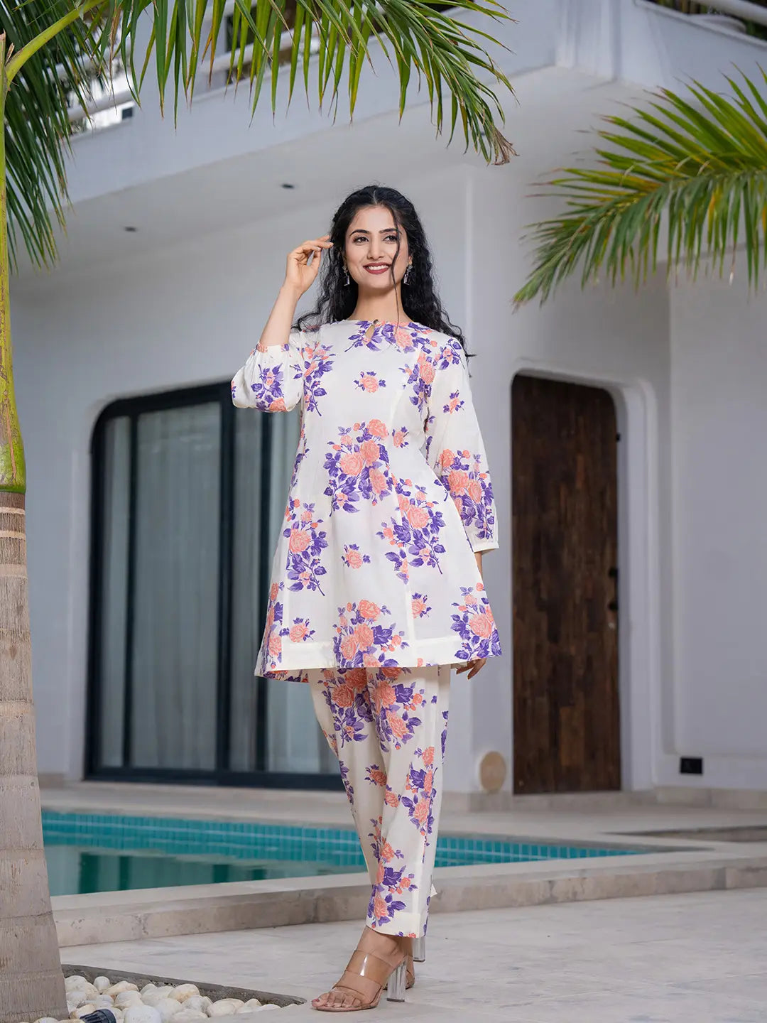 Peach Floral Print Top And Trouser Co Ord Set-Yufta Store-7154CRDPCS