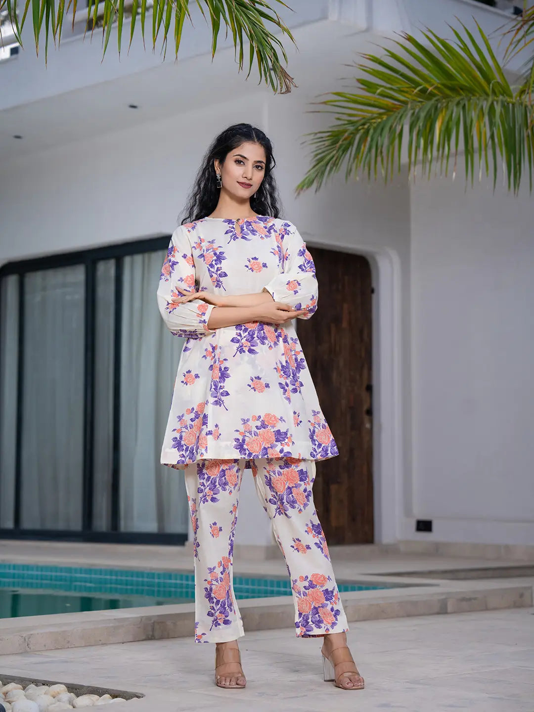 Peach Floral Print Top And Trouser Co Ord Set-Yufta Store-7154CRDPCS