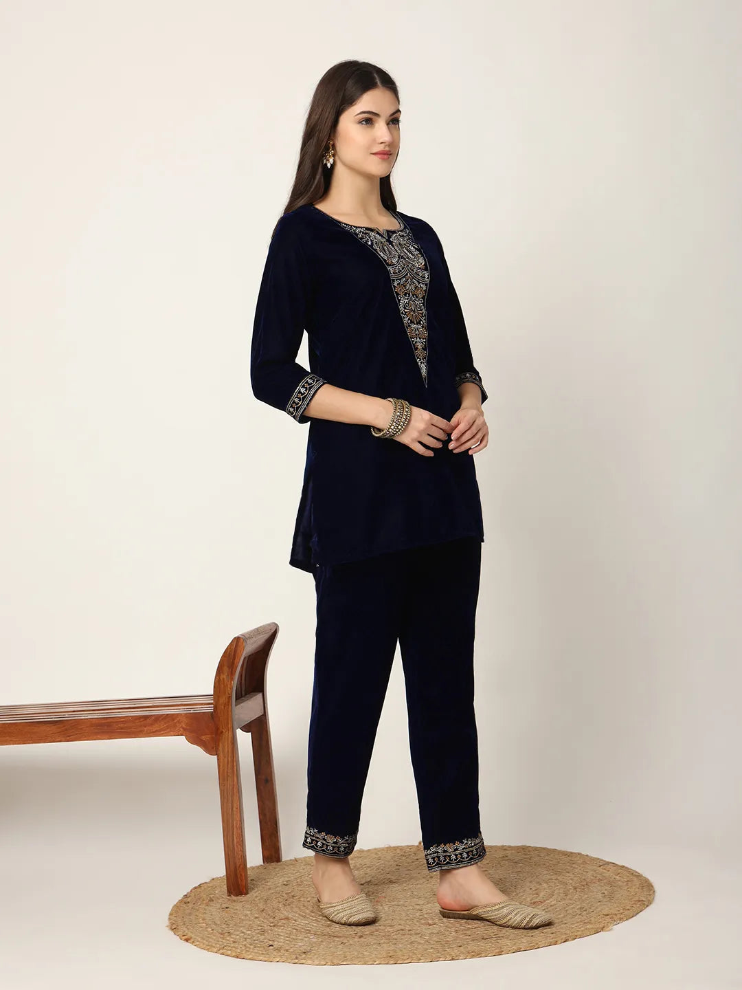 Navy Blue Velvet Embroidered Co-Ord Set