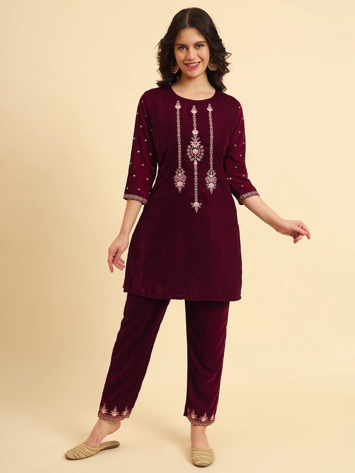 Magenta Velvet embroidered Co Ord Set With Cotton Lining