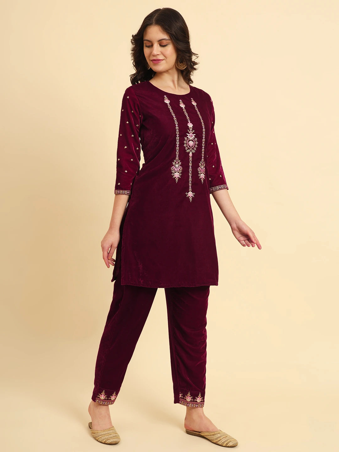 Magenta Velvet embroidered Co Ord Set With Cotton Lining