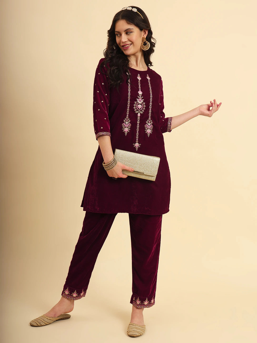 Magenta Velvet embroidered Co Ord Set With Cotton Lining