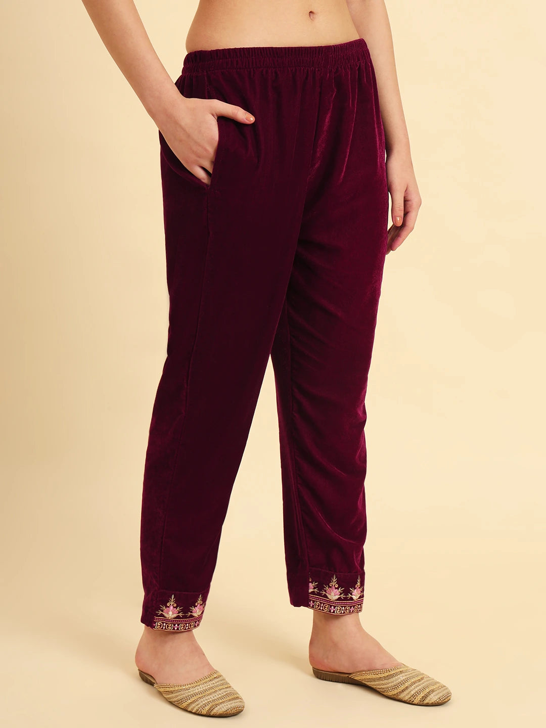 Magenta Velvet embroidered Co Ord Set With Cotton Lining