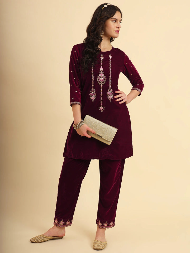 Magenta Velvet embroidered Co Ord Set With Cotton Lining