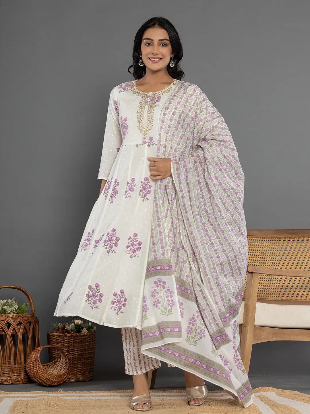 Purple & White Gota_Patti Cotton Anarkali Kurta Dupatta Pant Set-Yufta Store-7163SKDPRS