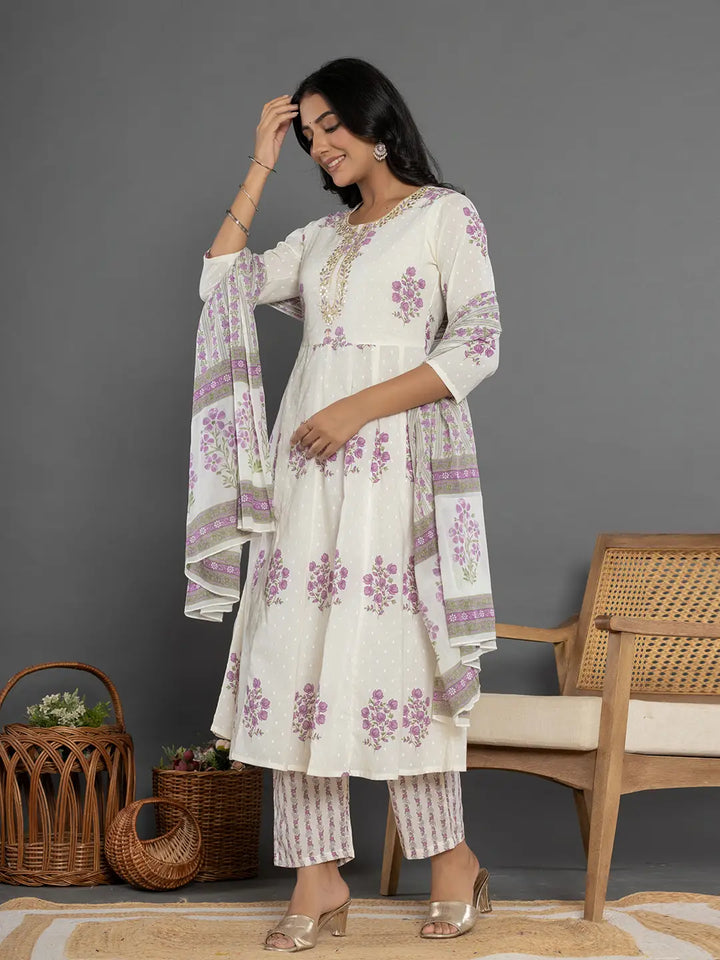 Purple & White Gota_Patti Cotton Anarkali Kurta Dupatta Pant Set-Yufta Store-7163SKDPRS